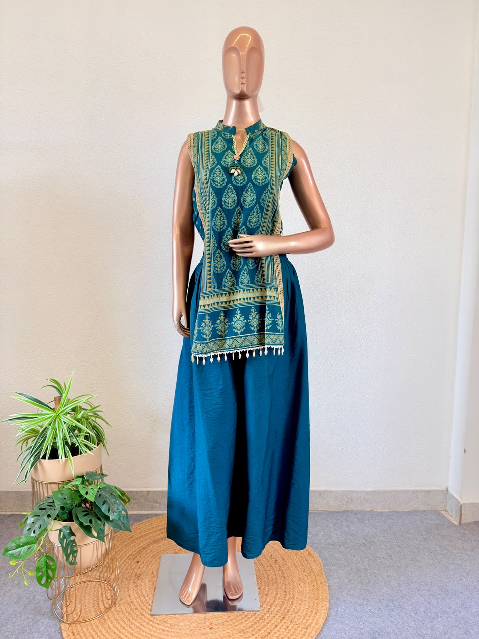 Teal Green Printed Sleeveless Kurta and Palazzo Set