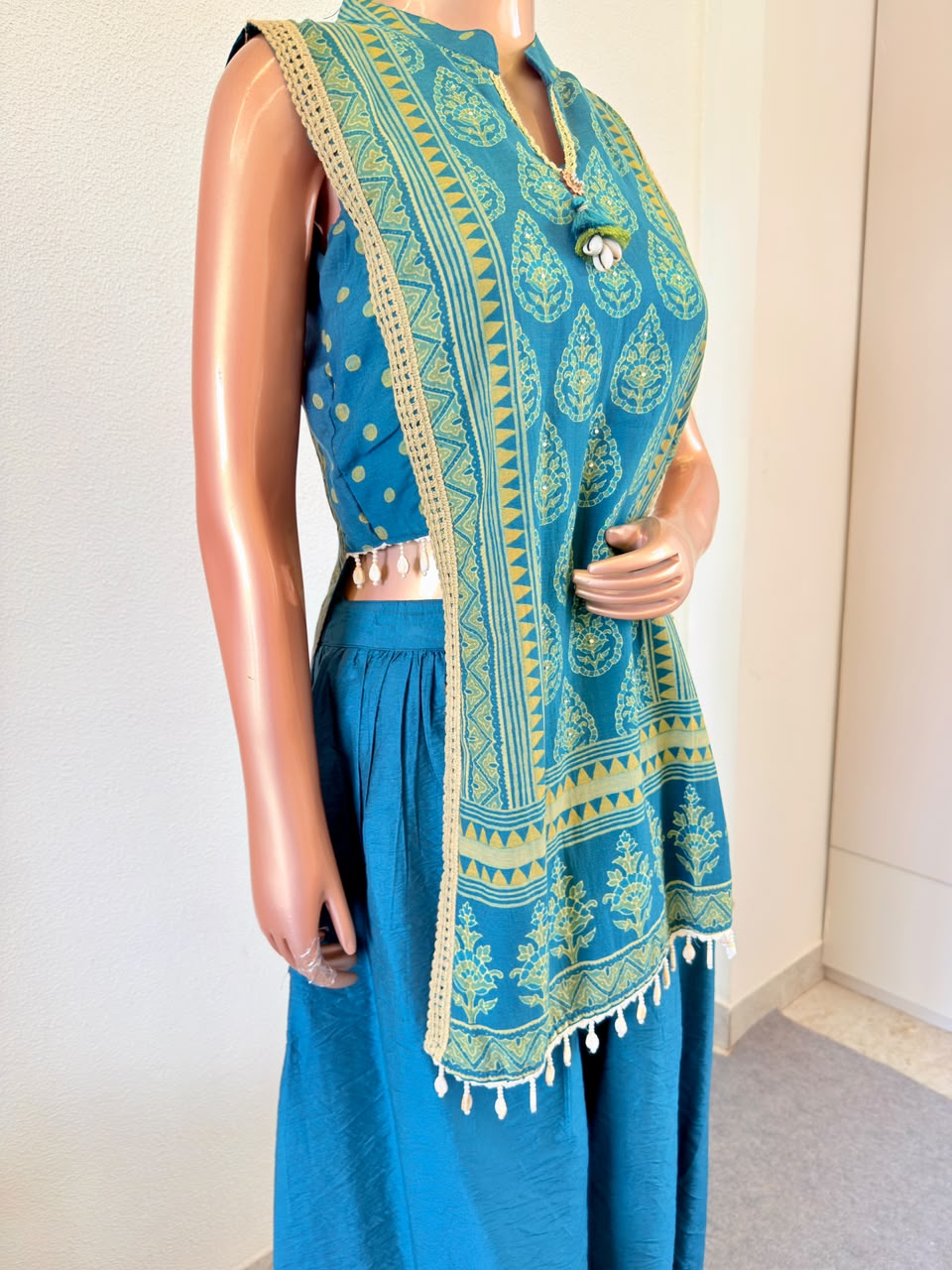 Teal Green Printed Sleeveless Kurta and Palazzo Set
