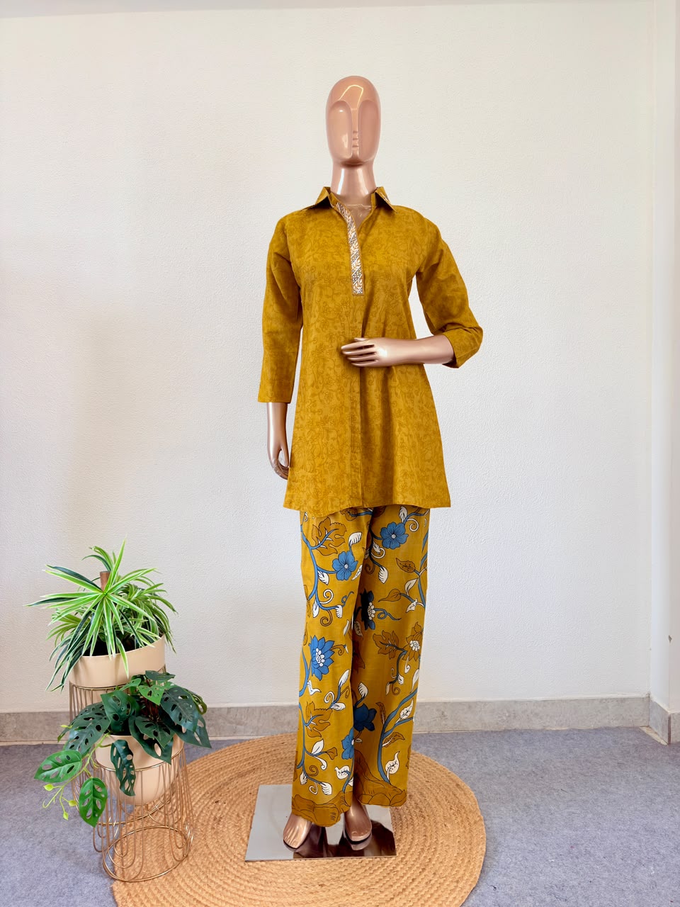Collared Mustard Tunic & Floral Print Trousers Yellow Co-Ord Set
