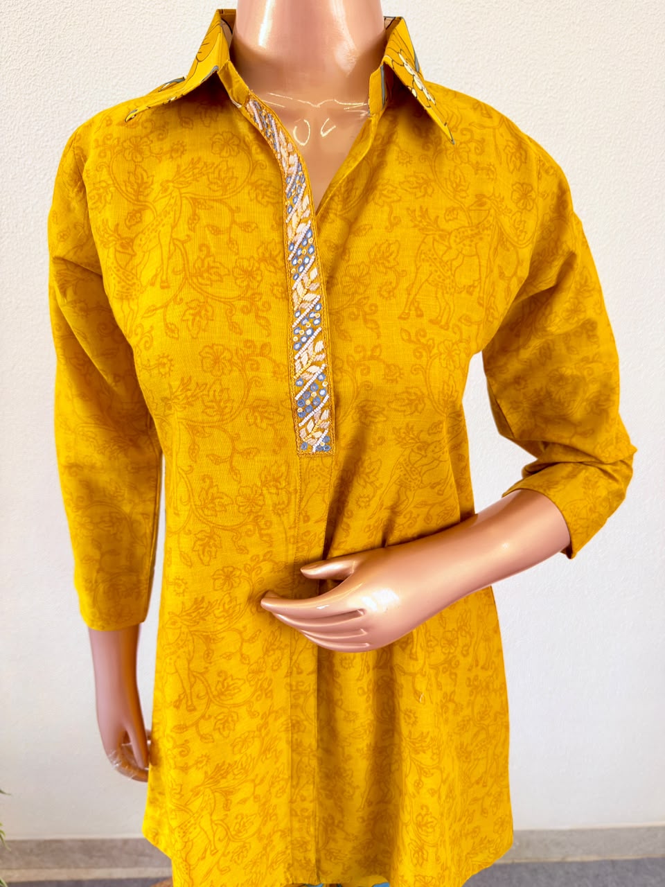 Collared Mustard Tunic & Floral Print Trousers Yellow Co-Ord Set
