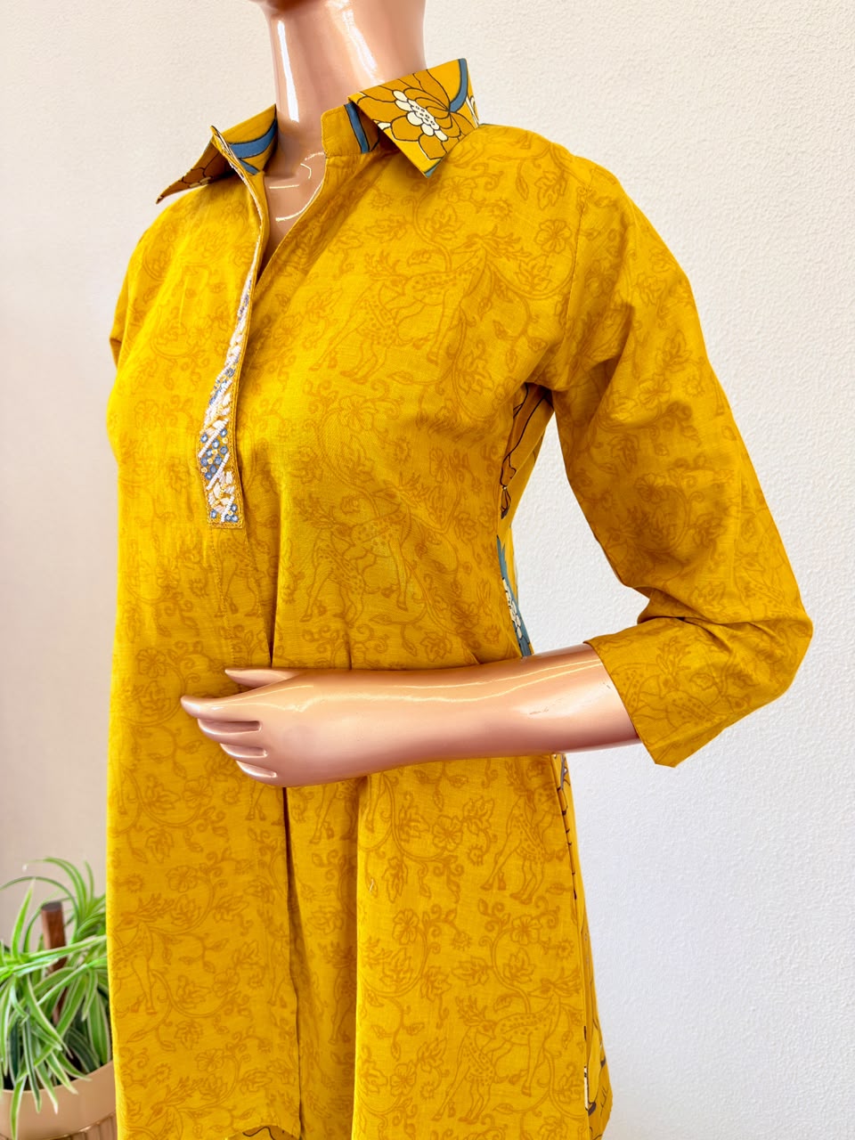 Collared Mustard Tunic & Floral Print Trousers Yellow Co-Ord Set