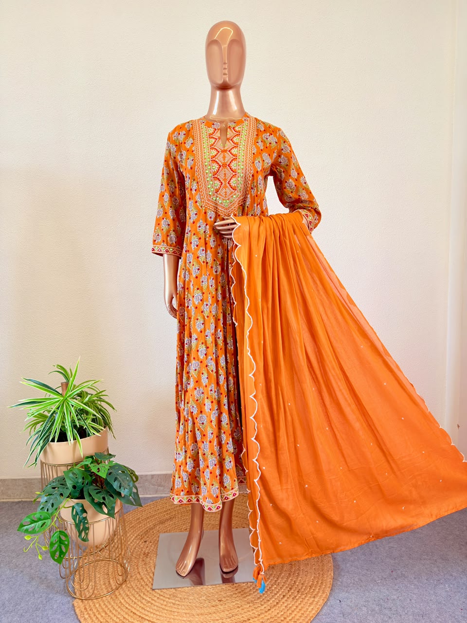 Mirror Work Yoke Floral Print Anarkali Kurta with Dupatta