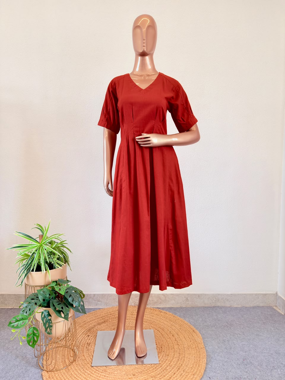 V-Neck Solid A-Line Flared Dress with Shoulder Pleats - Rust Orange