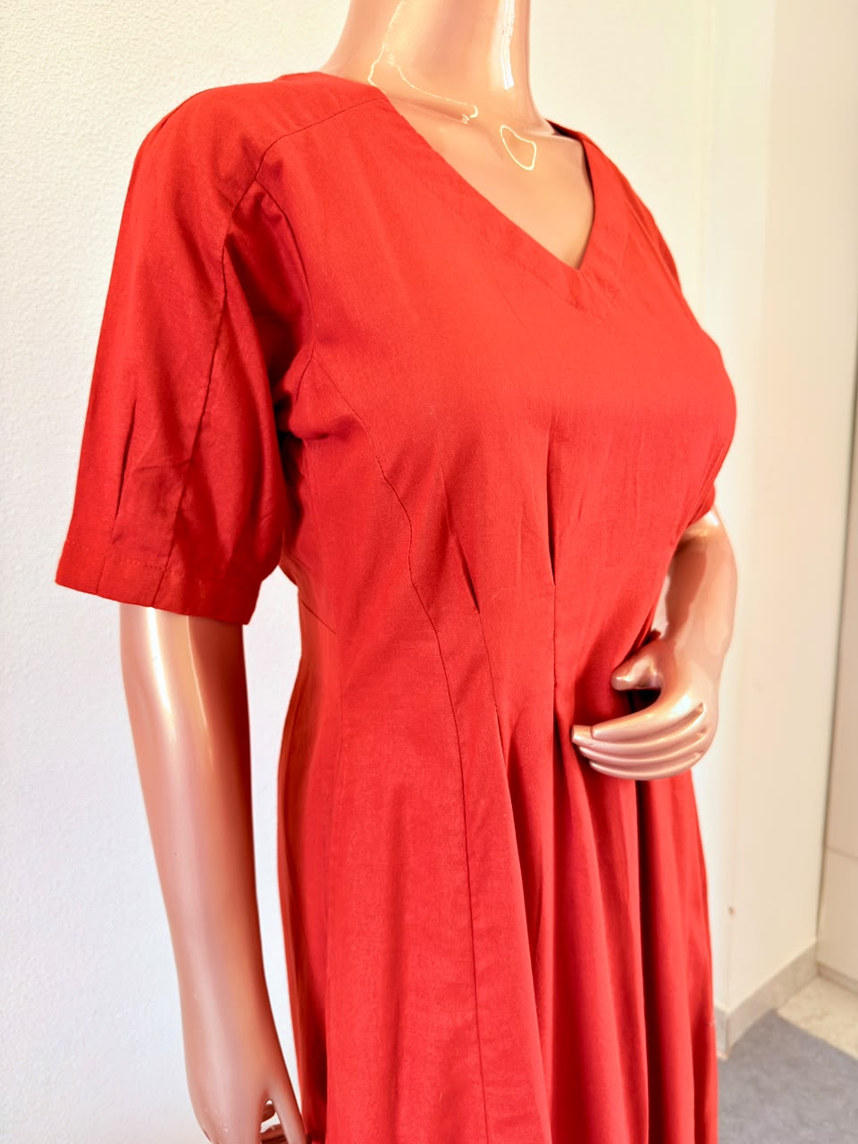 V-Neck Solid A-Line Flared Dress with Shoulder Pleats - Rust Orange