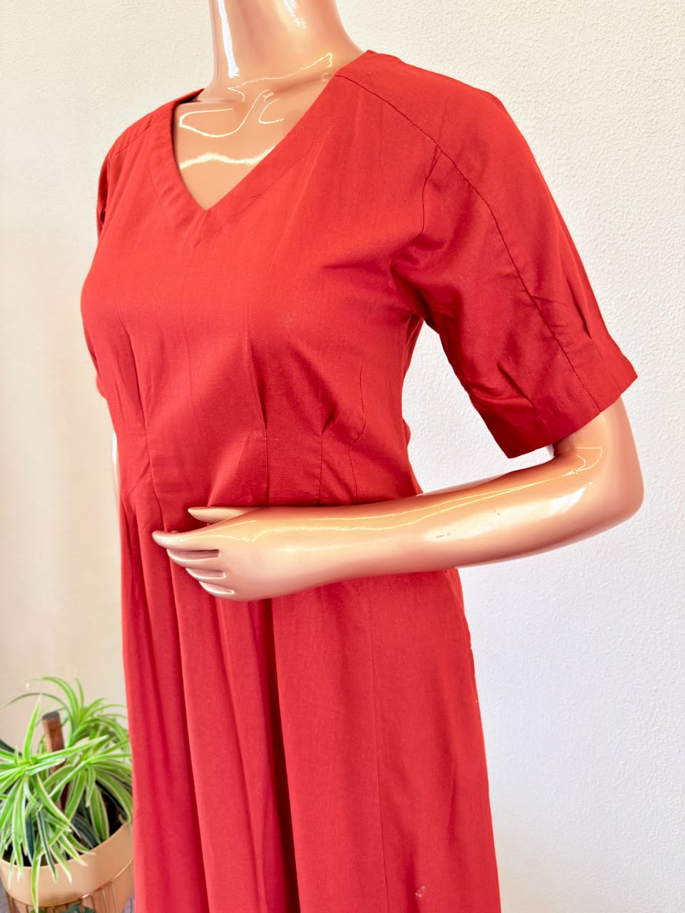 V-Neck Solid A-Line Flared Dress with Shoulder Pleats - Rust Orange