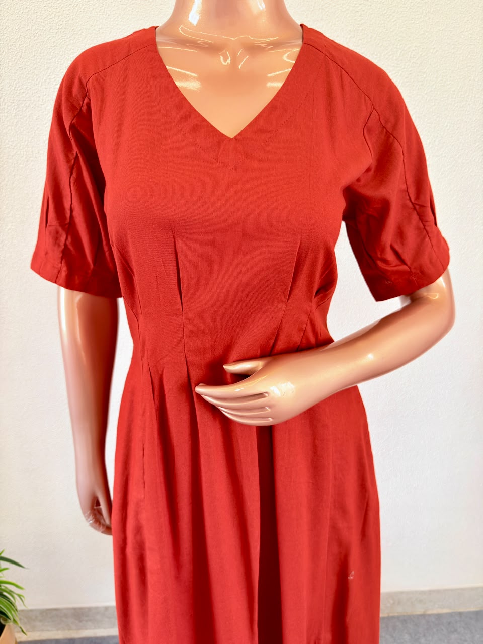 V-Neck Solid A-Line Flared Dress with Shoulder Pleats - Rust Orange