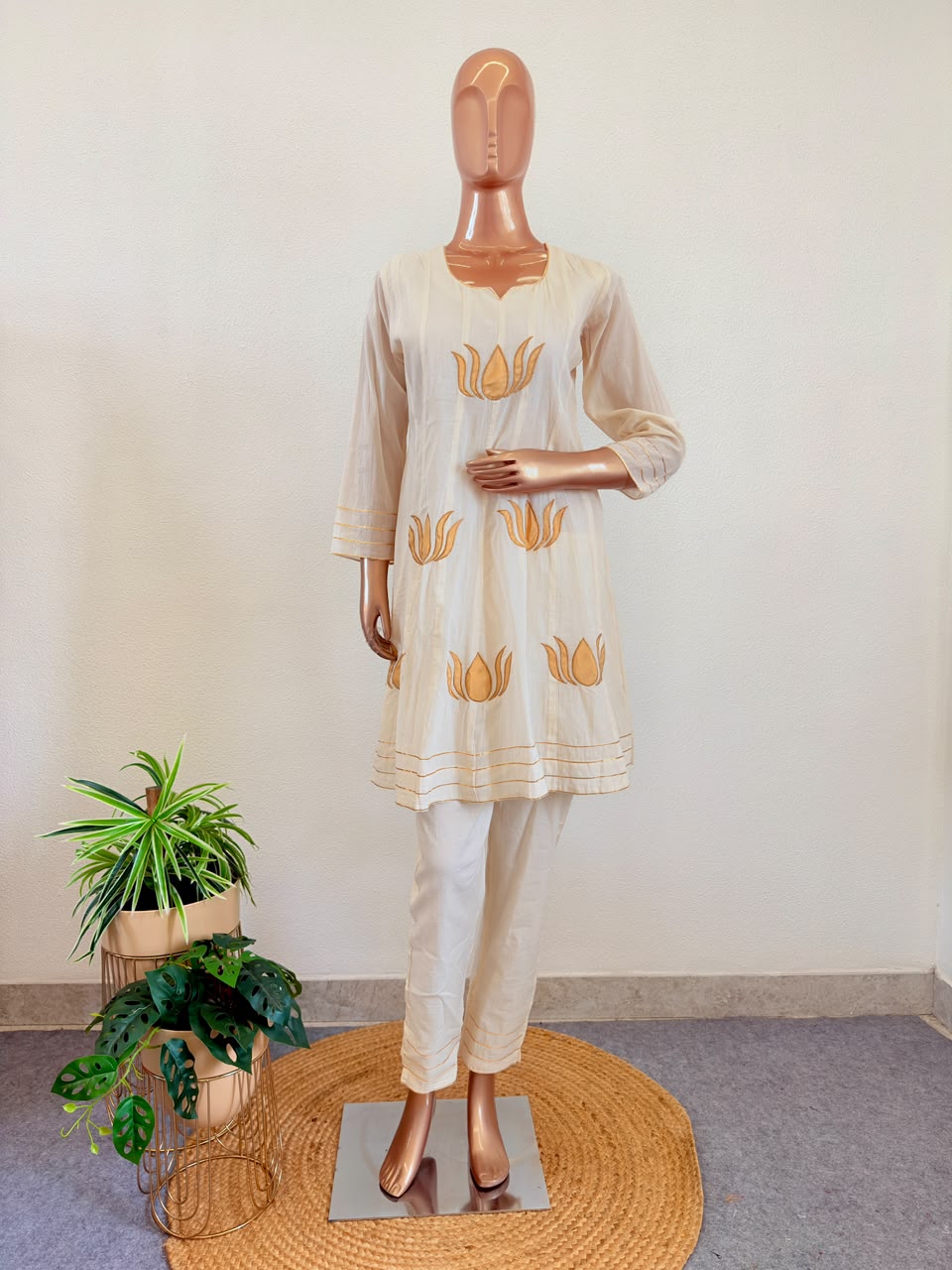 Off-White Cotton Flex Short Anarkali Suit Set with Zari Lotus Appliqué Work