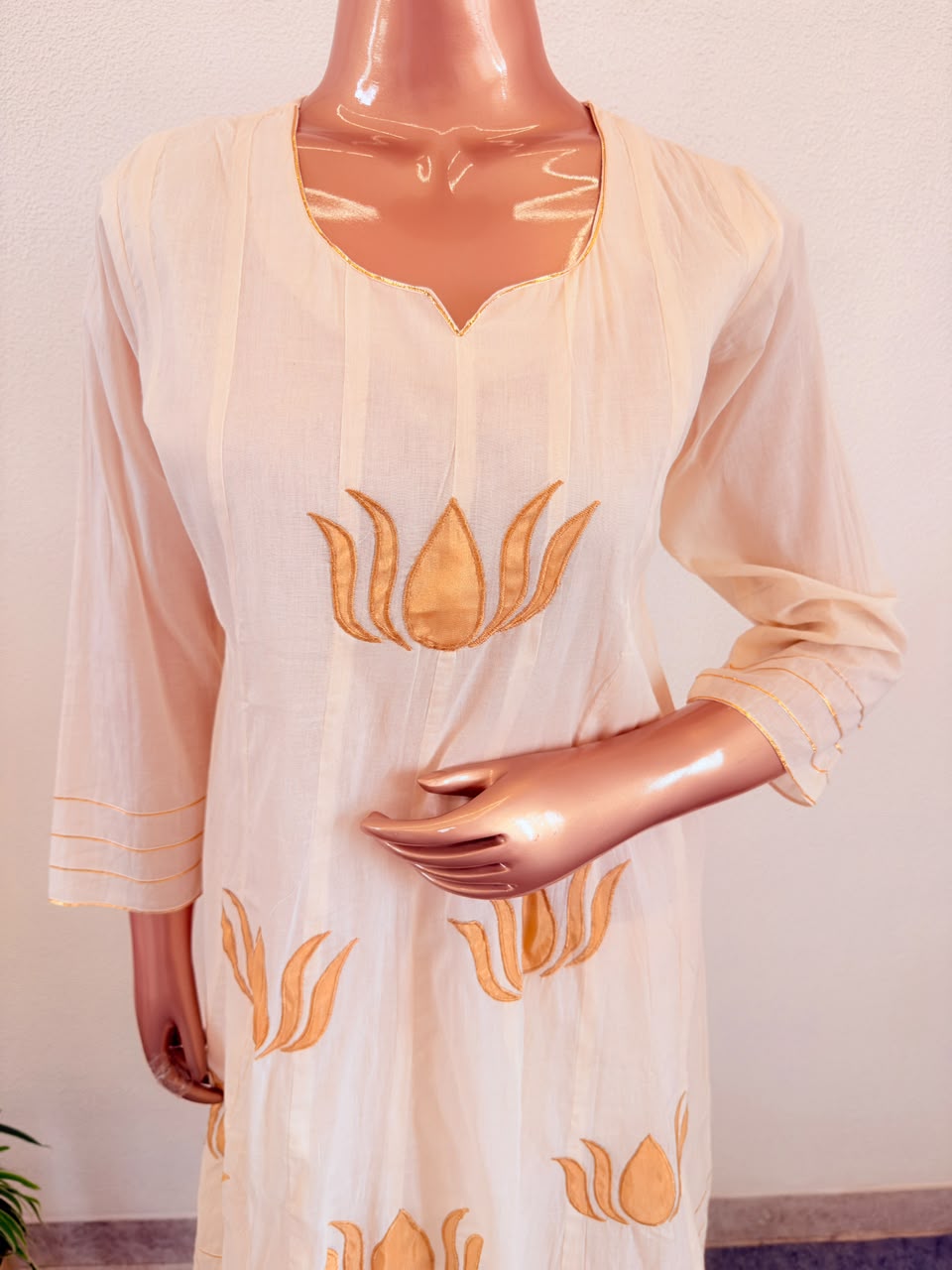 Off-White Cotton Flex Short Anarkali Suit Set with Zari Lotus Appliqué Work