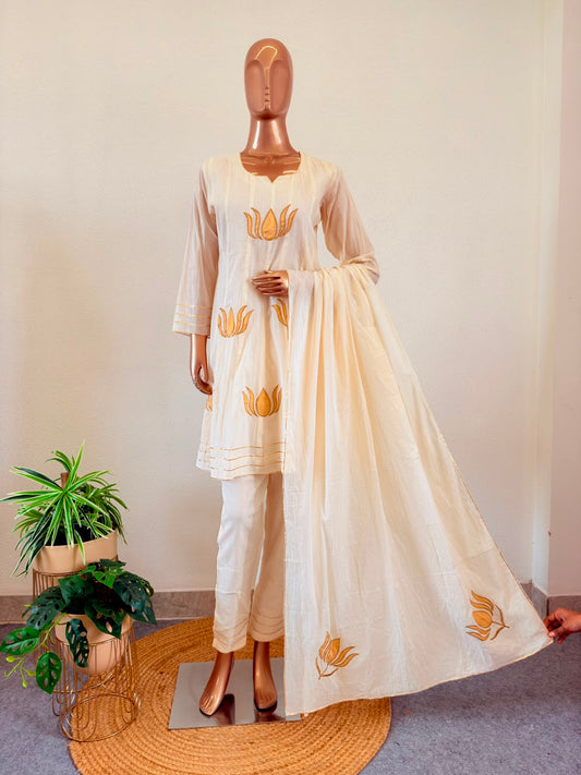 Off-White Cotton Flex Short Anarkali Suit Set with Zari Lotus Appliqué Work