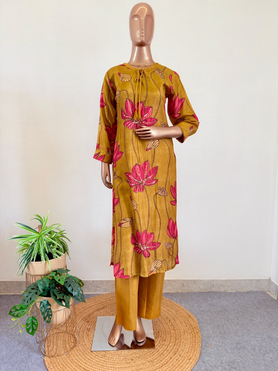 Hand-Embellished Lotus Print Suit Set with Tie-Up Tassel & Dupatta