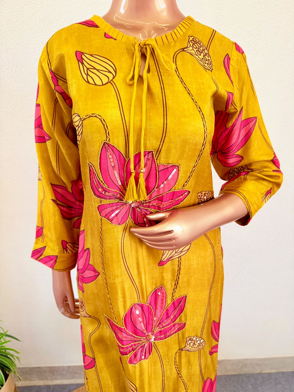 Hand-Embellished Lotus Print Suit Set with Tie-Up Tassel & Dupatta