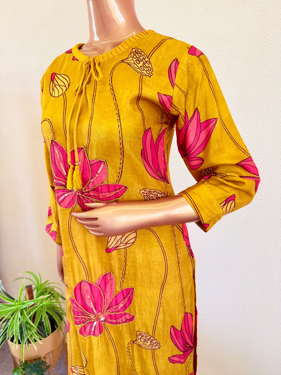 Hand-Embellished Lotus Print Suit Set with Tie-Up Tassel & Dupatta