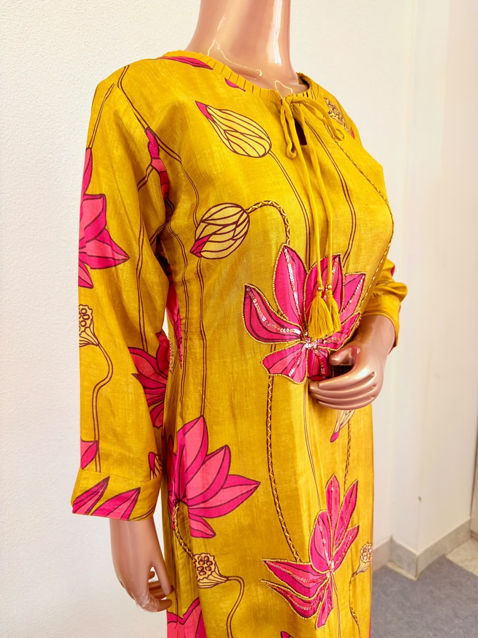 Hand-Embellished Lotus Print Suit Set with Tie-Up Tassel & Dupatta