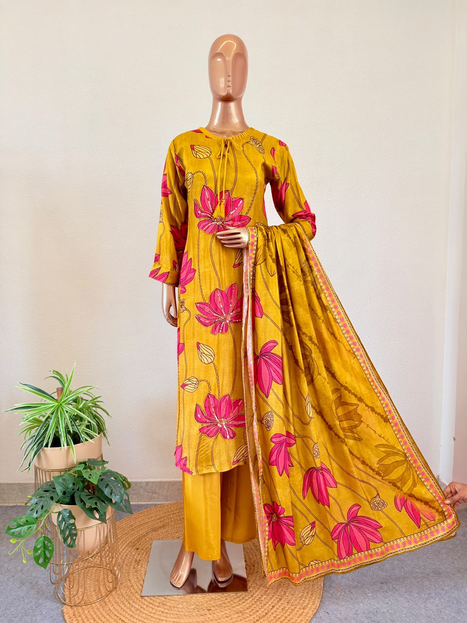 Hand-Embellished Lotus Print Suit Set with Tie-Up Tassel & Dupatta