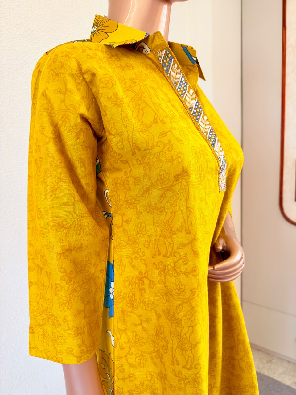 Collared Mustard Tunic & Floral Print Trousers Yellow Co-Ord Set