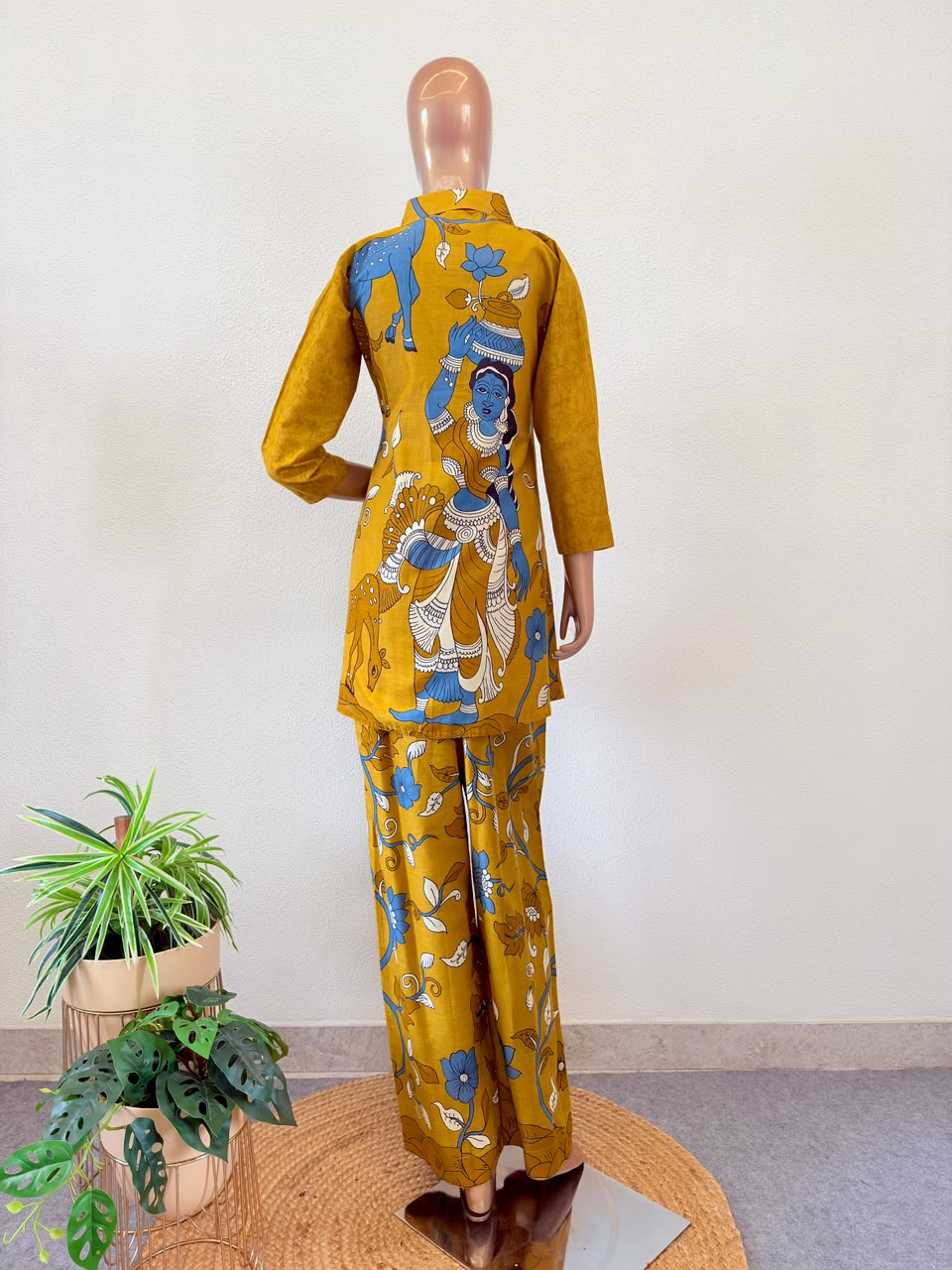 Collared Mustard Tunic & Floral Print Trousers Yellow Co-Ord Set