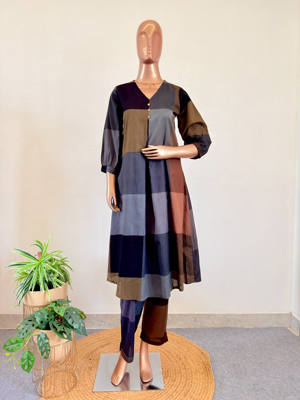 Cotton Color Block Kurta Pant Set - Black