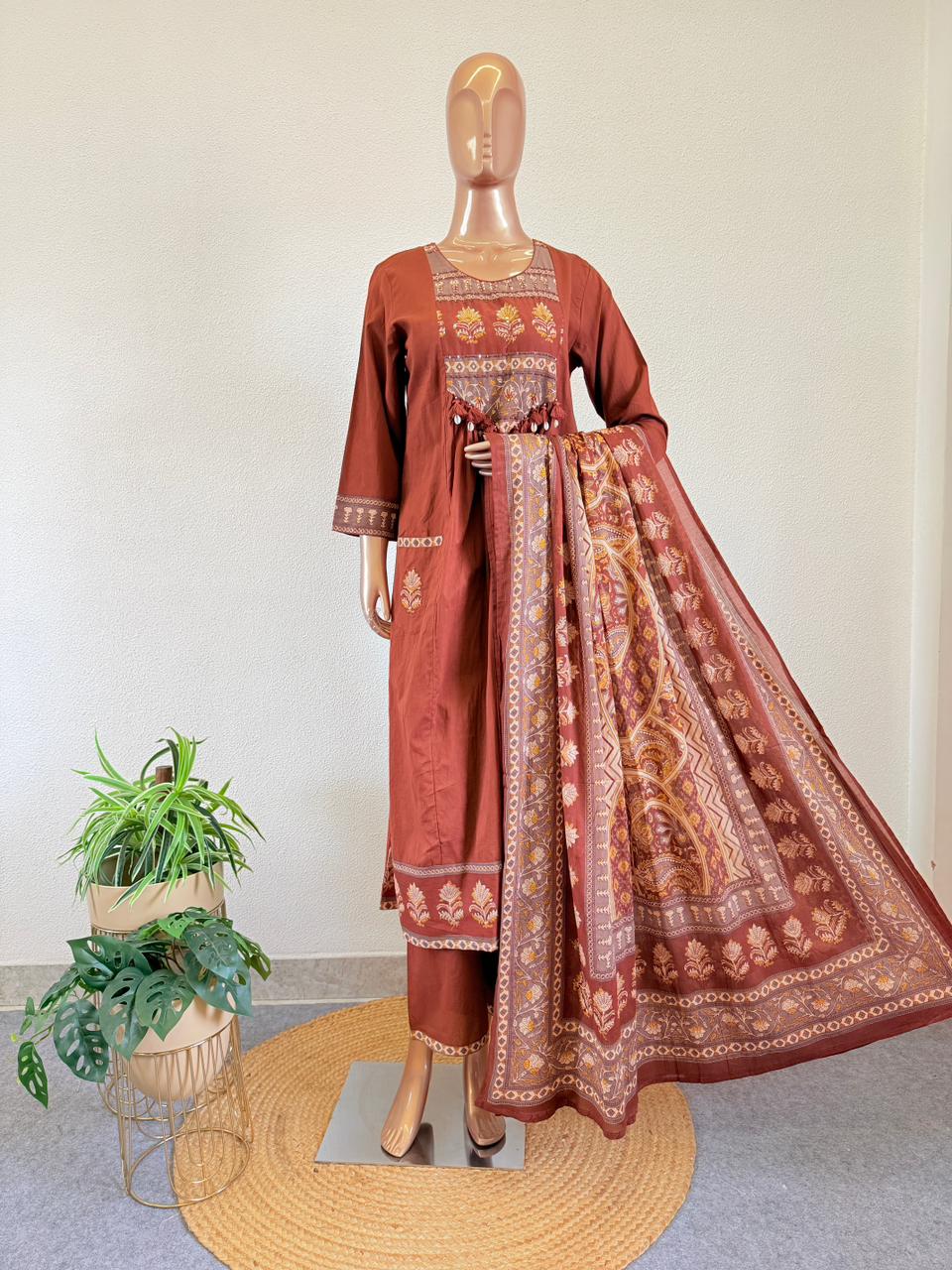 Kalamkari Yoke Tasseled Anarkali Suit Set with Trouser & Printed Dupatta