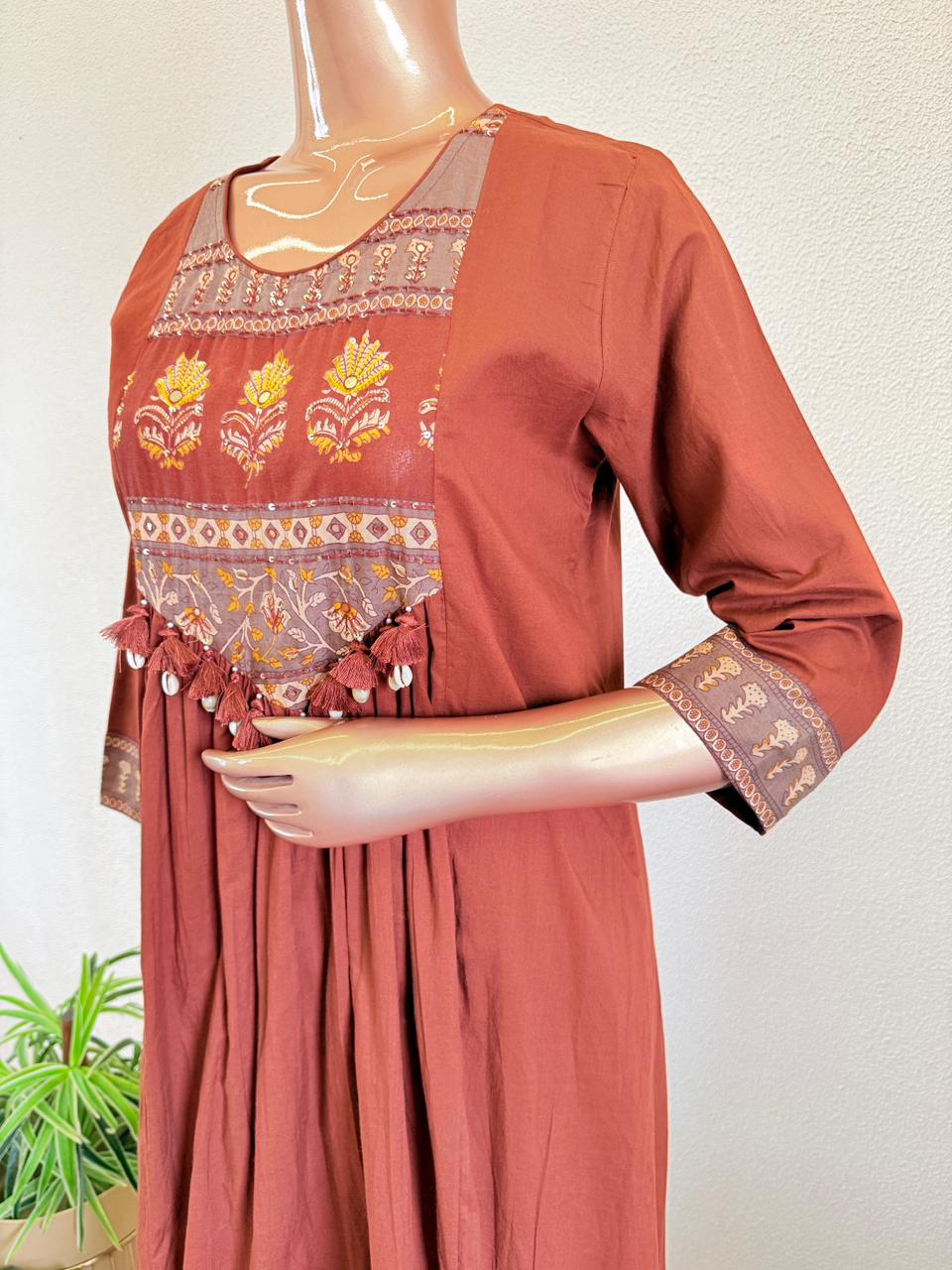 Kalamkari Yoke Tasseled Anarkali Suit Set with Trouser & Printed Dupatta