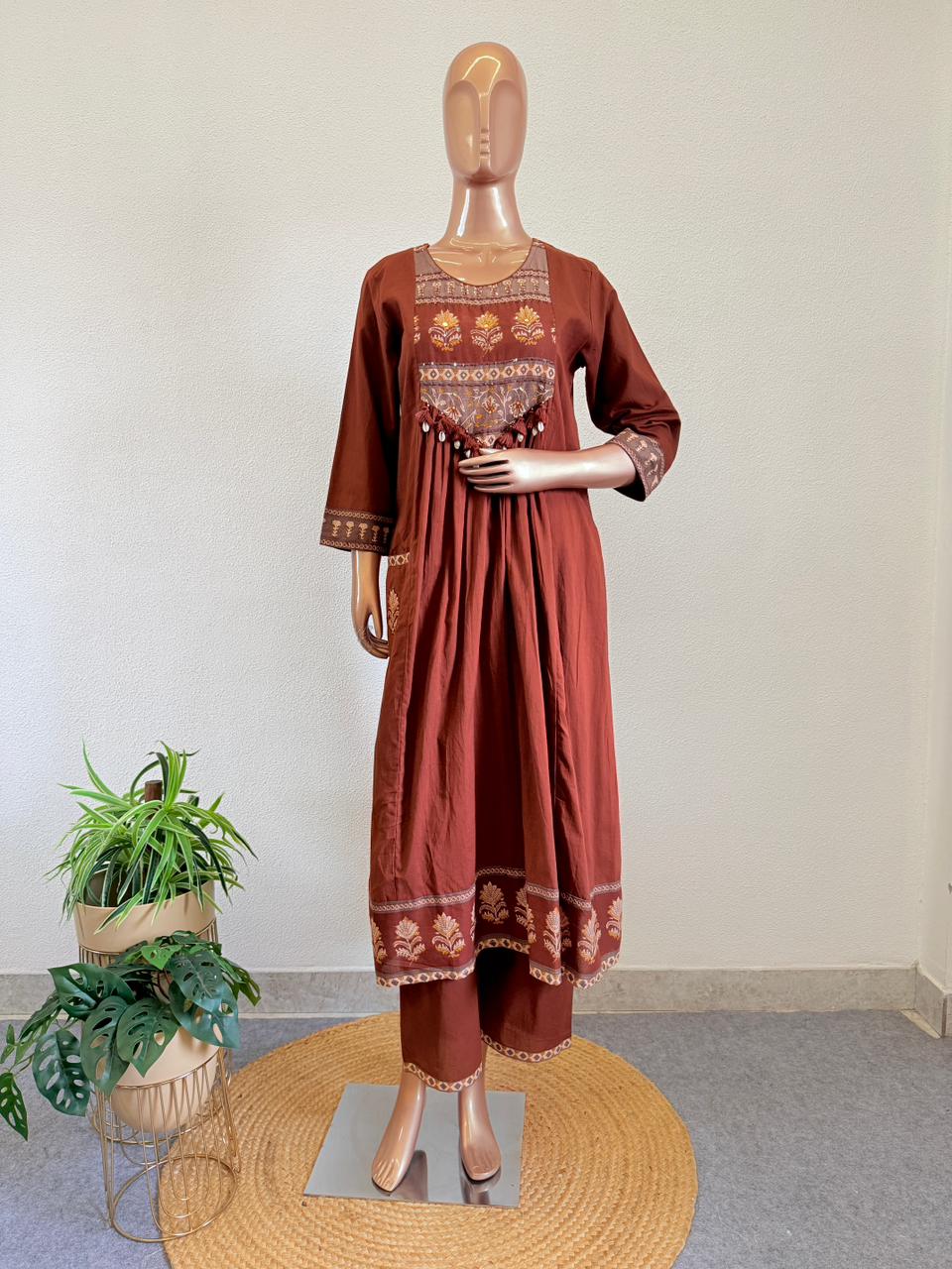Kalamkari Yoke Tasseled Anarkali Suit Set with Trouser & Printed Dupatta