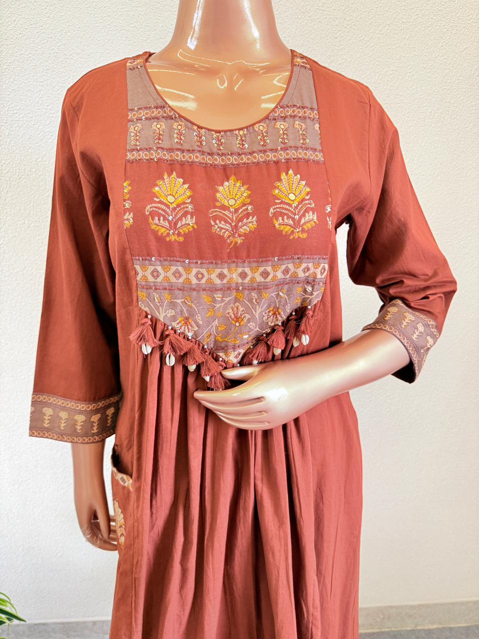 Kalamkari Yoke Tasseled Anarkali Suit Set with Trouser & Printed Dupatta