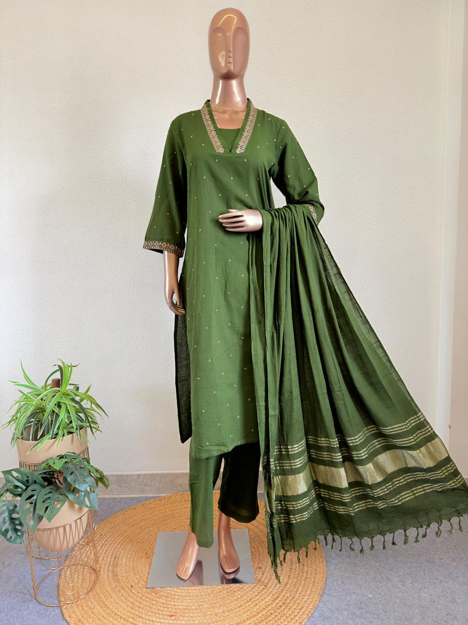 Embroidered V-Neck Linen Suit Set with Trousers & Zari Border Dupatta