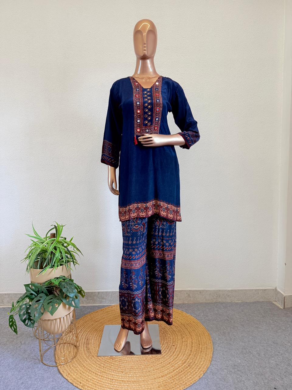 Mirror Work & Tassel Detailing Pure Crepe Tunic & Trouser Co-Ord Set