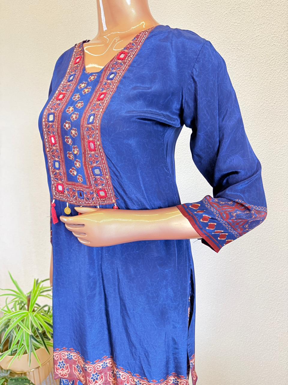 Mirror Work & Tassel Detailing Pure Crepe Tunic & Trouser Co-Ord Set