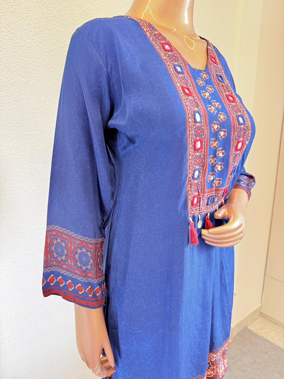 Mirror Work & Tassel Detailing Pure Crepe Tunic & Trouser Co-Ord Set