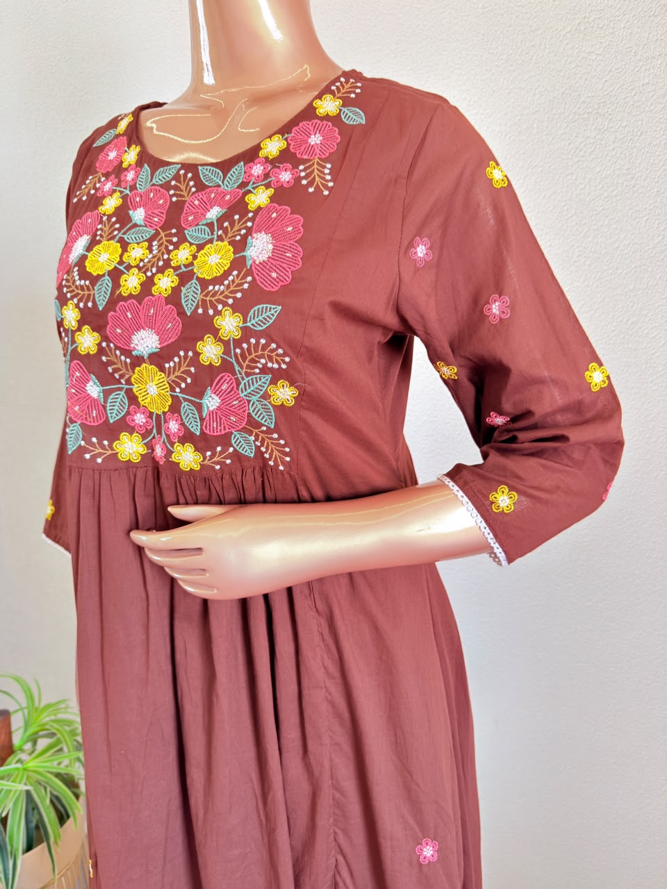 Floral Yoke Embroidered Mul Frock Suit Set with Dupatta