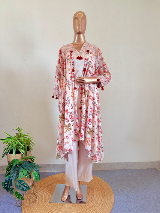 Muslin Floral Printed Long Jacket Set with Inner Tunic & Trousers