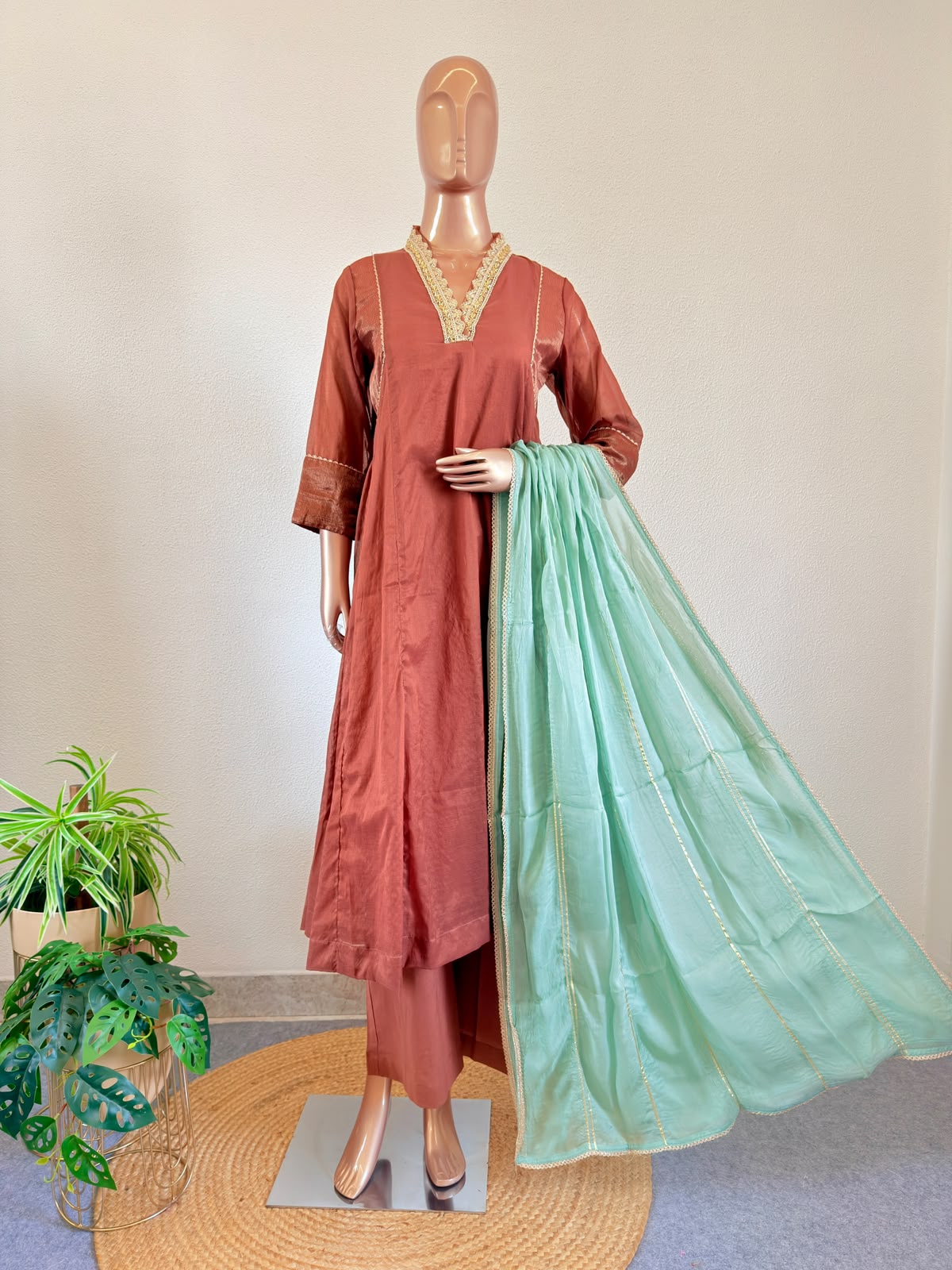 Mul Chanderi Suit Set with Embroidered V-Neck And Contrast Organza Dupatta