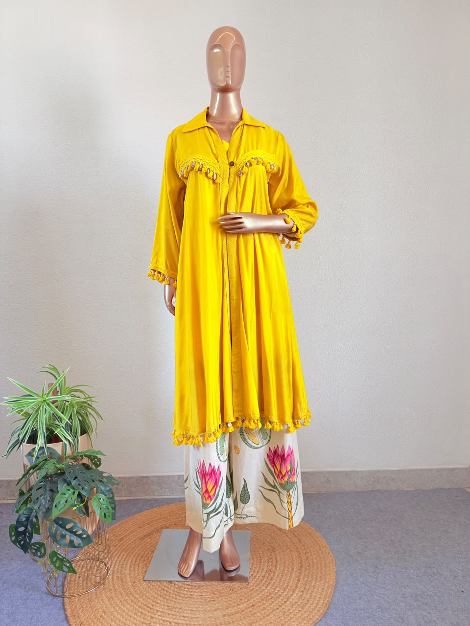 Tassel Fringe Muslin Silk Long Jacket & Printed Trouser Co-Ord Set