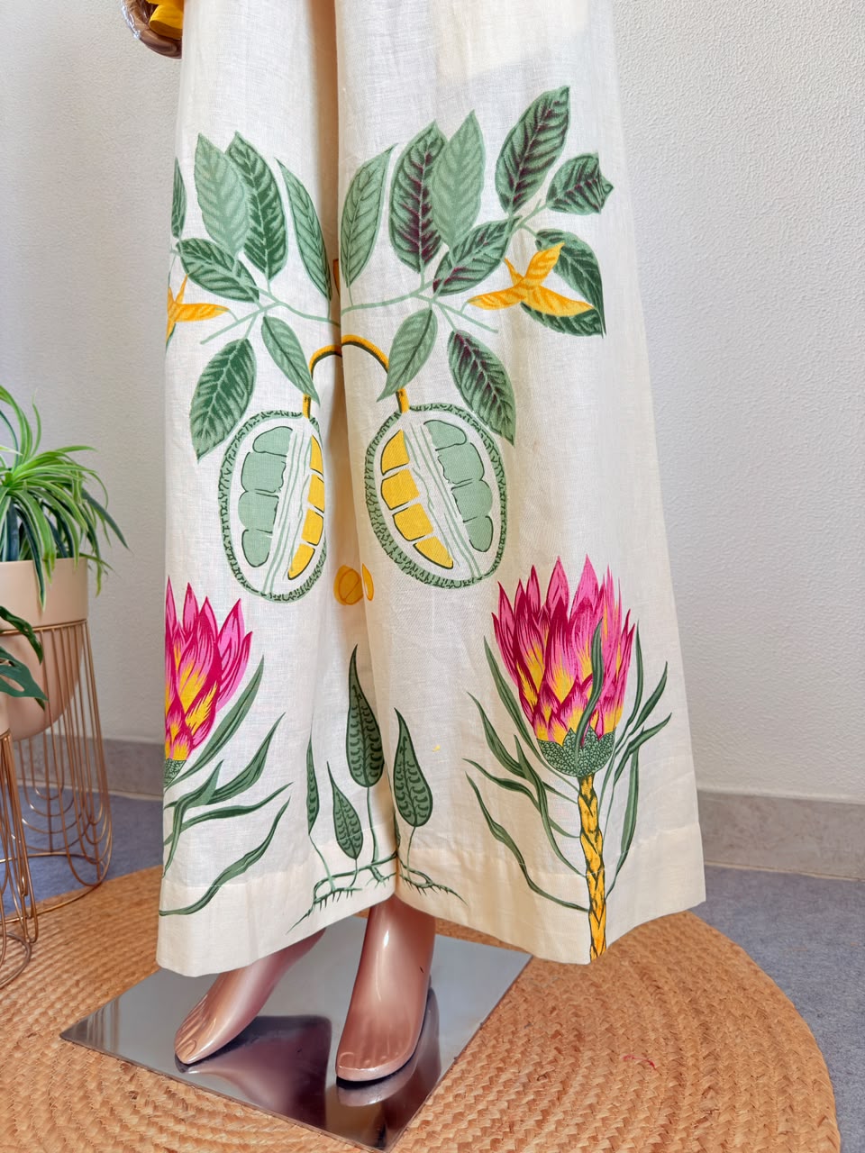 Tassel Fringe Muslin Silk Long Jacket & Printed Trouser Co-Ord Set