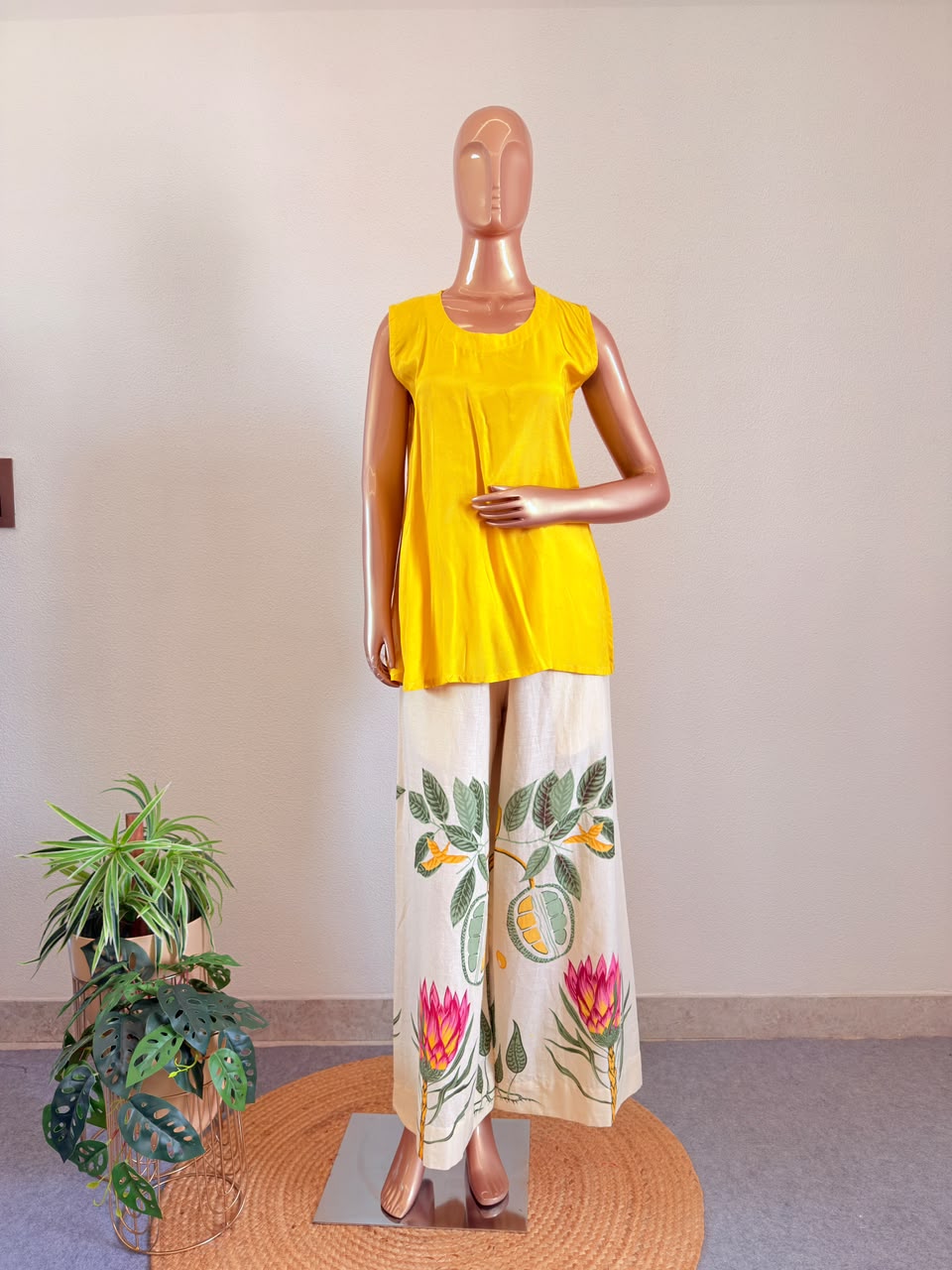 Tassel Fringe Muslin Silk Long Jacket & Printed Trouser Co-Ord Set