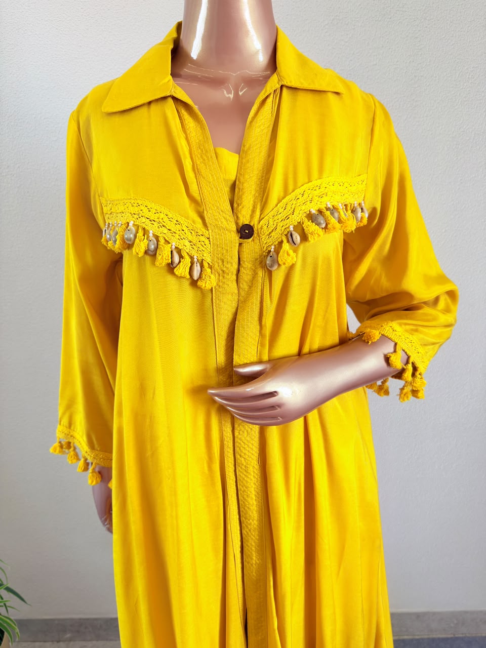 Tassel Fringe Muslin Silk Long Jacket & Printed Trouser Co-Ord Set
