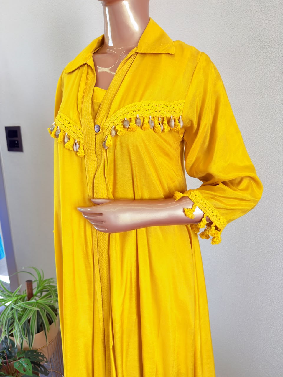 Tassel Fringe Muslin Silk Long Jacket & Printed Trouser Co-Ord Set