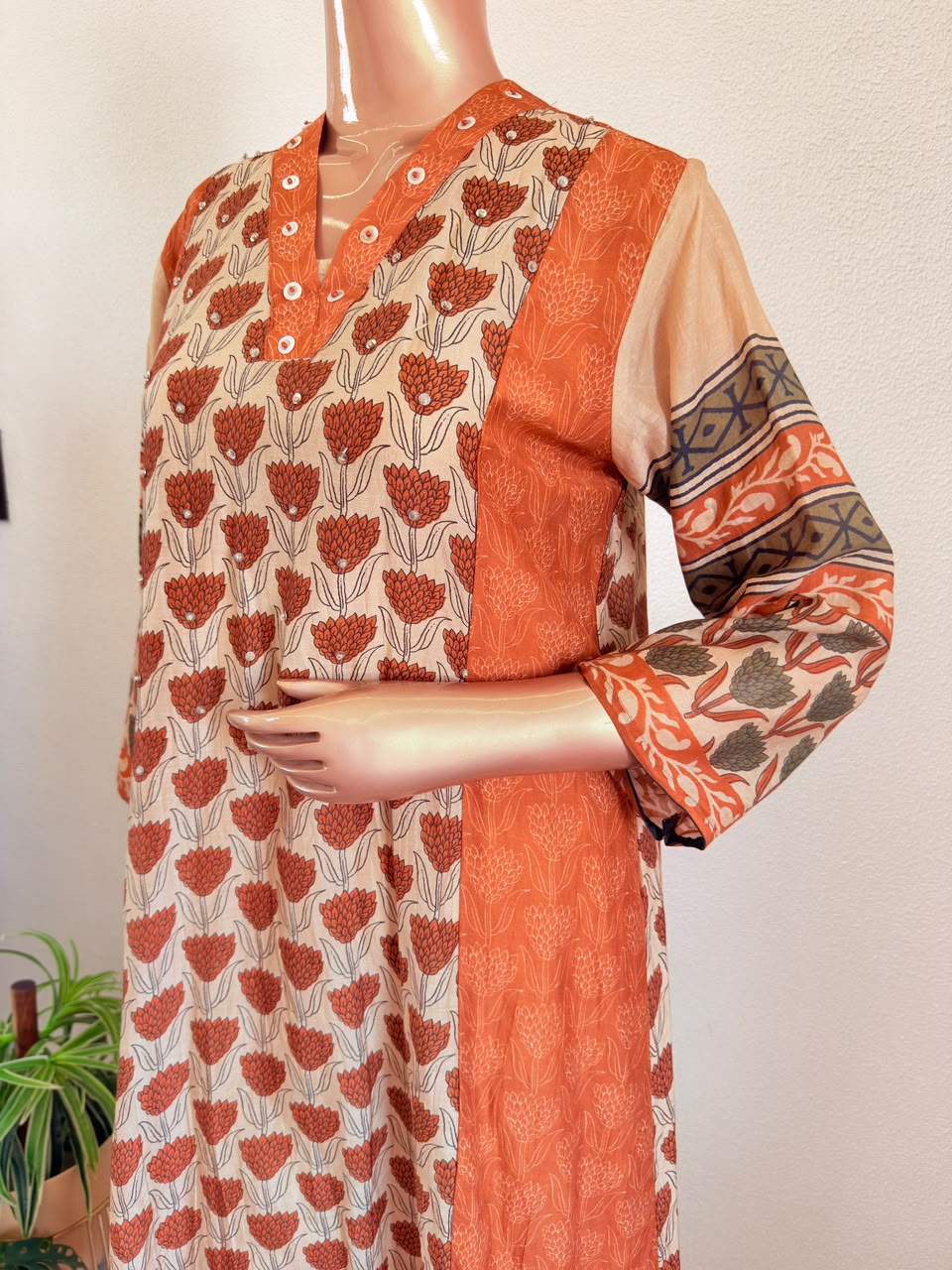 Lotus Print Mul Chanderi Flared Kalidar Kurta Set with Detachable Inner & Pants - Orange