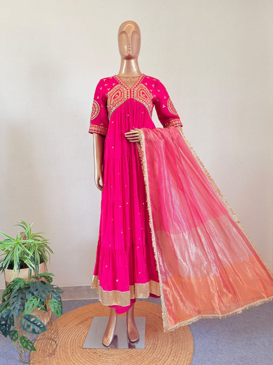 Embroidered Sweetheart Yoke Tiered Anarkali Set with Flared Palazzo & Organza Dupatta