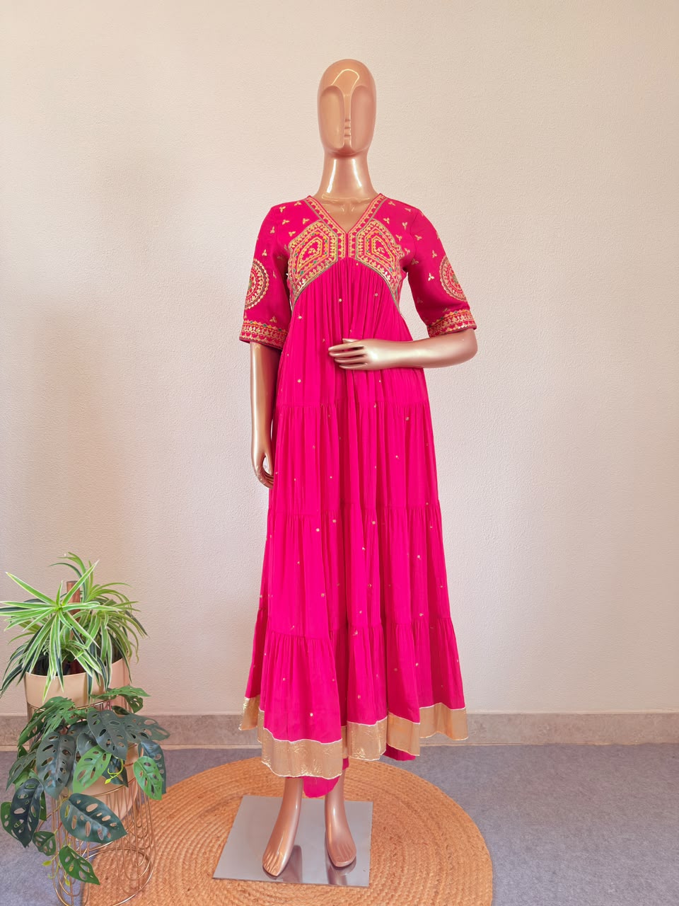 Embroidered Sweetheart Yoke Tiered Anarkali Set with Flared Palazzo & Organza Dupatta