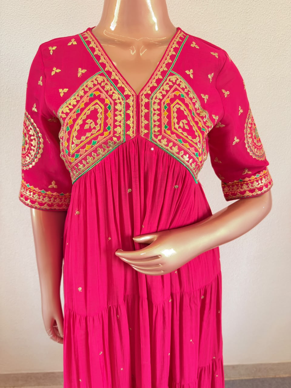Embroidered Sweetheart Yoke Tiered Anarkali Set with Flared Palazzo & Organza Dupatta