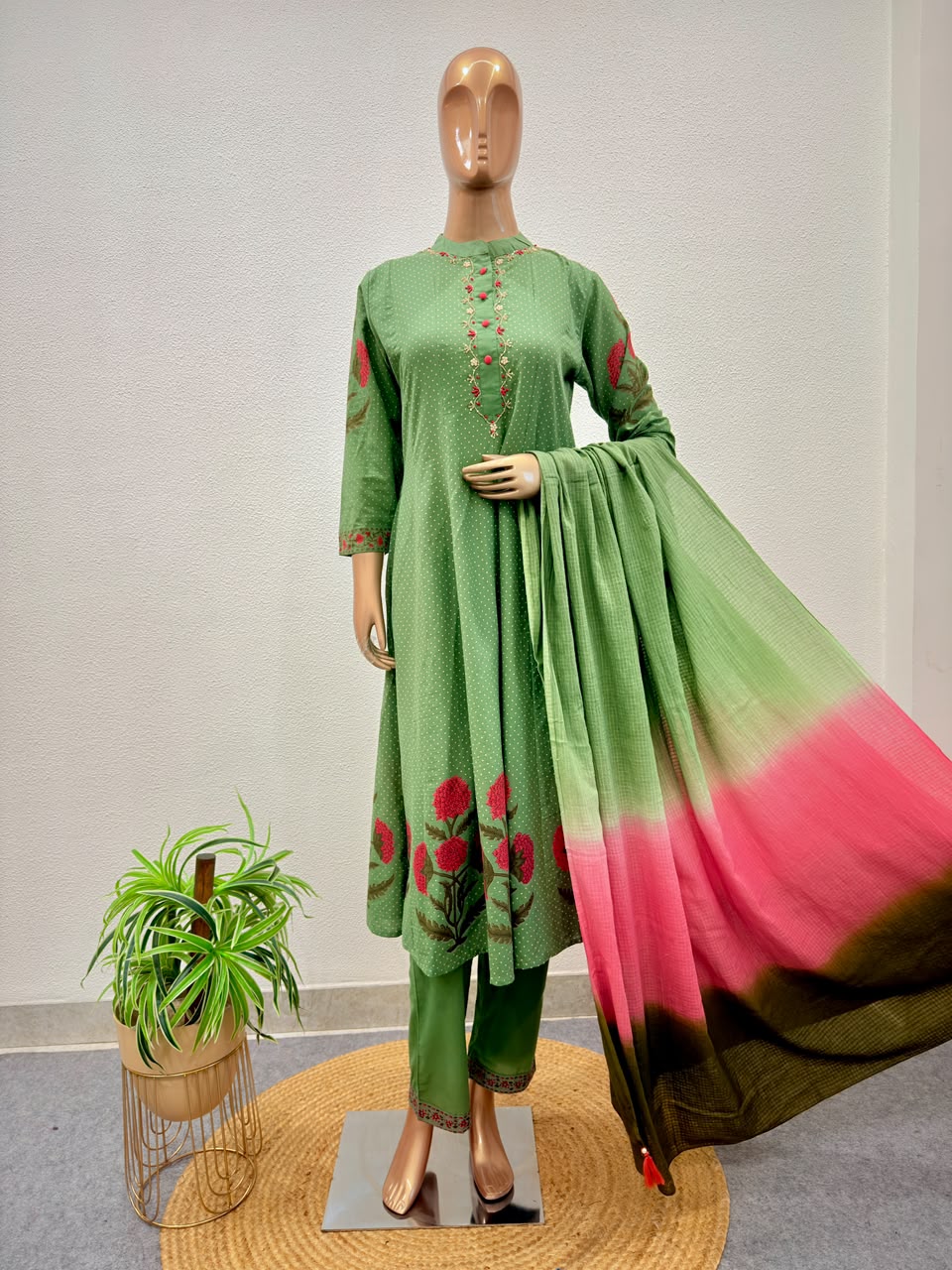 Embroidered Placket Cotton Kalidar Suit Set with Ombre Dual-Tone Dupatta