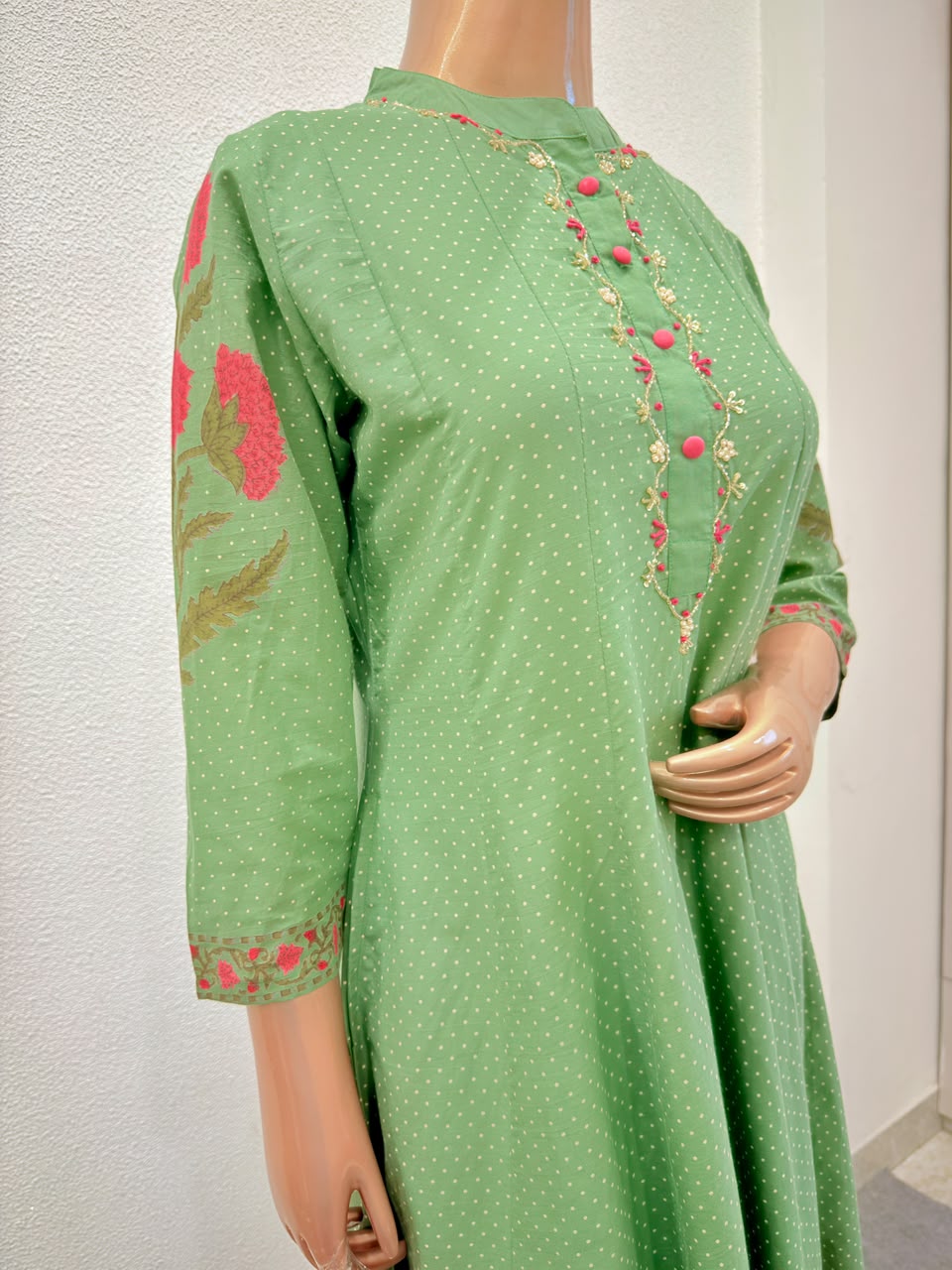 Embroidered Placket Cotton Kalidar Suit Set with Ombre Dual-Tone Dupatta