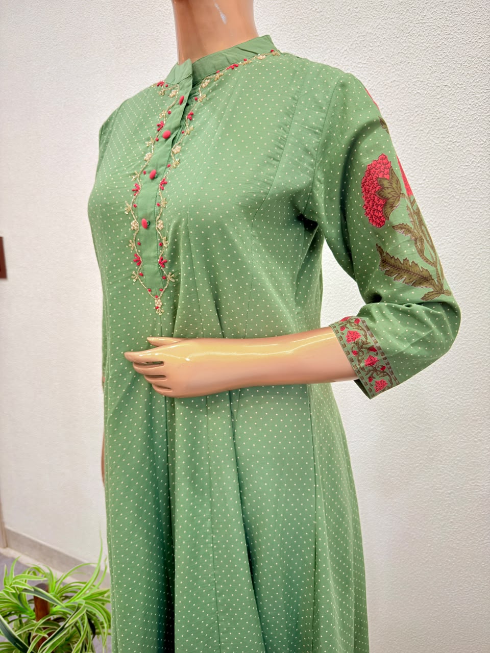 Embroidered Placket Cotton Kalidar Suit Set with Ombre Dual-Tone Dupatta