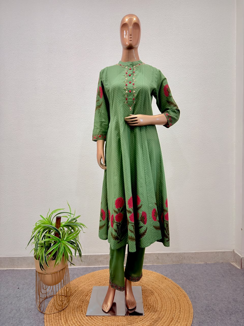 Embroidered Placket Cotton Kalidar Suit Set with Ombre Dual-Tone Dupatta