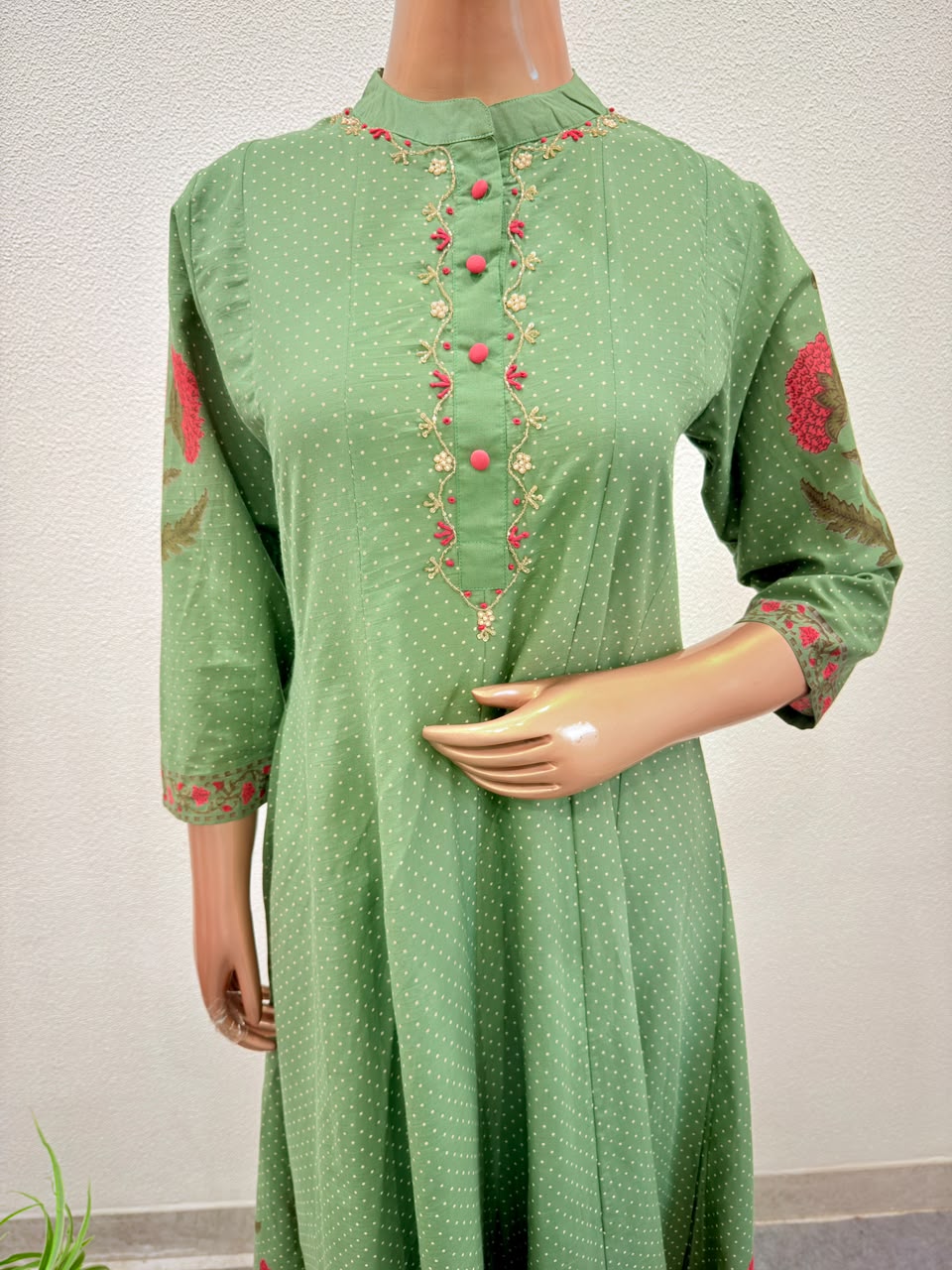 Embroidered Placket Cotton Kalidar Suit Set with Ombre Dual-Tone Dupatta