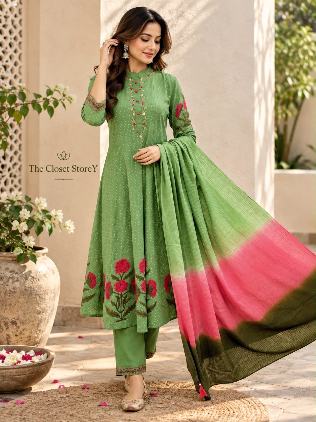 Embroidered Placket Cotton Kalidar Suit Set with Ombre Dual-Tone Dupatta