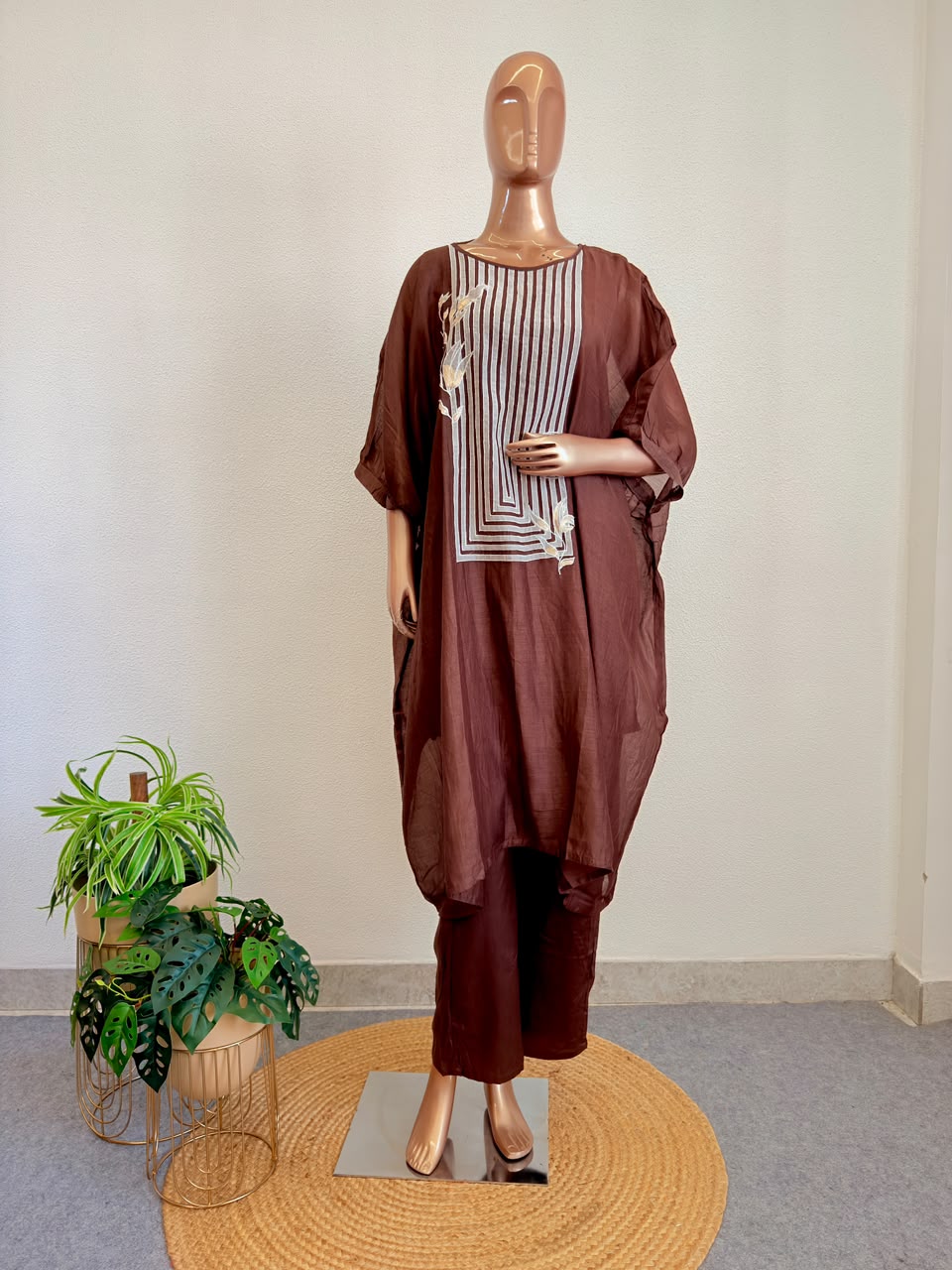 Mul Chanderi Kaftan Tunic with Applique Work & Floral Accents