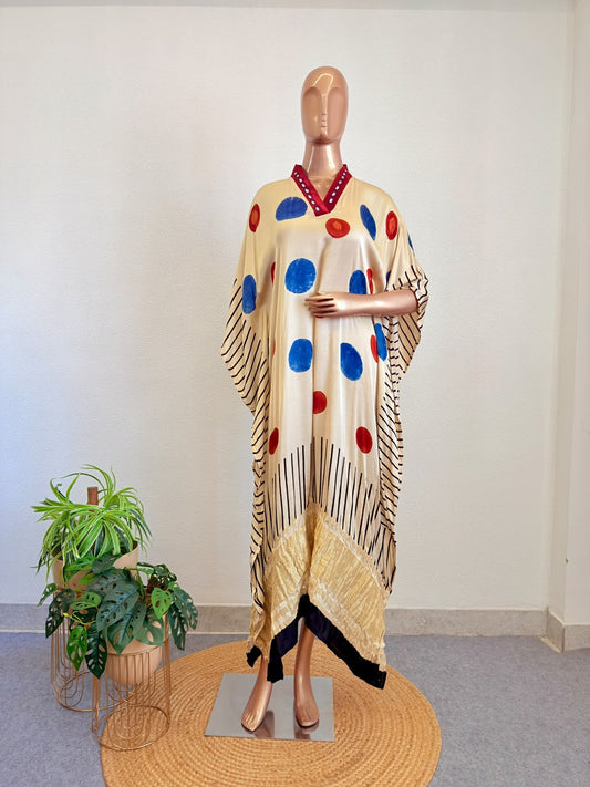 Mirror-Detailed V-Neck Kaftan with Polka & Stripe Block Prints-Beige