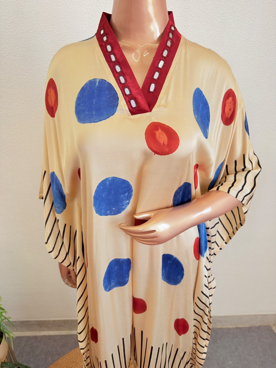 Mirror-Detailed V-Neck Kaftan with Polka & Stripe Block Prints-Beige